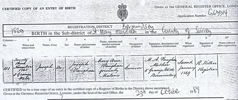 1868 joseph vaughan birth